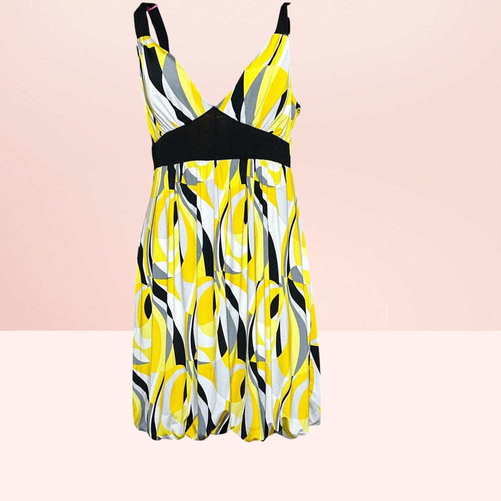Y2K Geometric Swirl Bubble Hem Mini‎ Party Dress Retro Mod Yellow Black Small